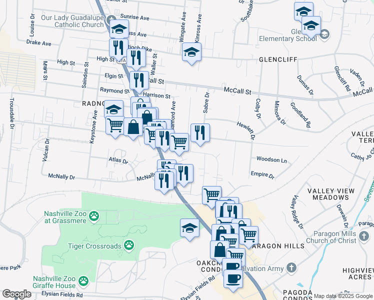 map of restaurants, bars, coffee shops, grocery stores, and more near 3695 Tibbs Drive in Nashville