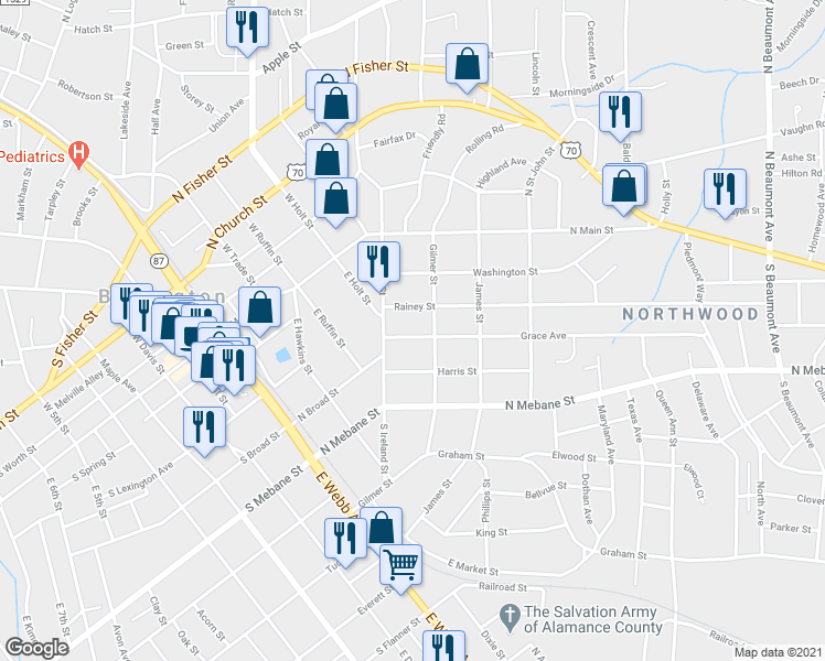 map of restaurants, bars, coffee shops, grocery stores, and more near 616 Grace Avenue in Burlington