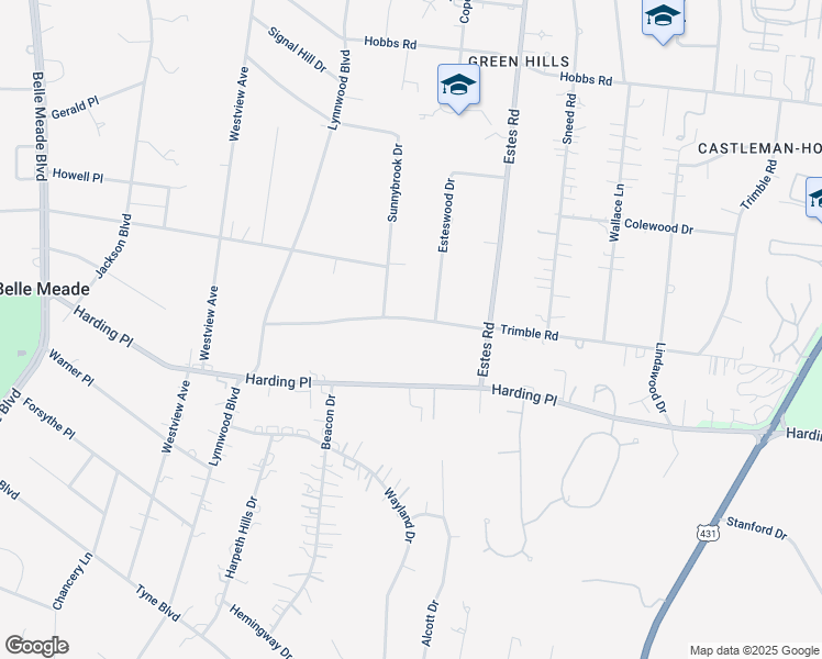 map of restaurants, bars, coffee shops, grocery stores, and more near 3815 Trimble Road in Nashville