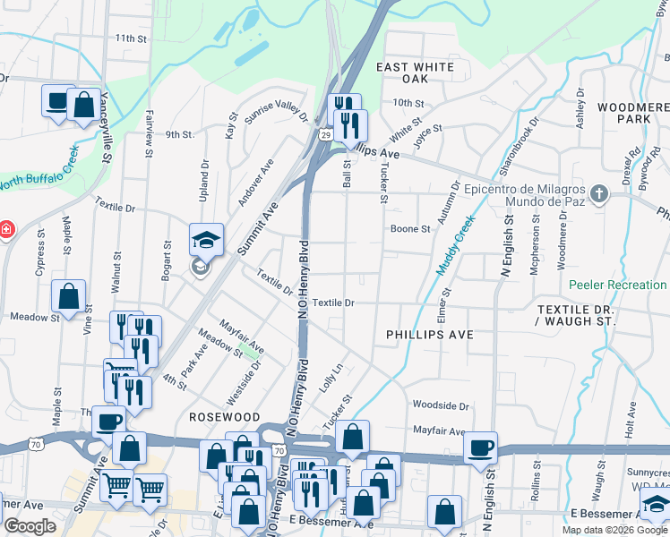 map of restaurants, bars, coffee shops, grocery stores, and more near 1525 Ridgewood Avenue in Greensboro