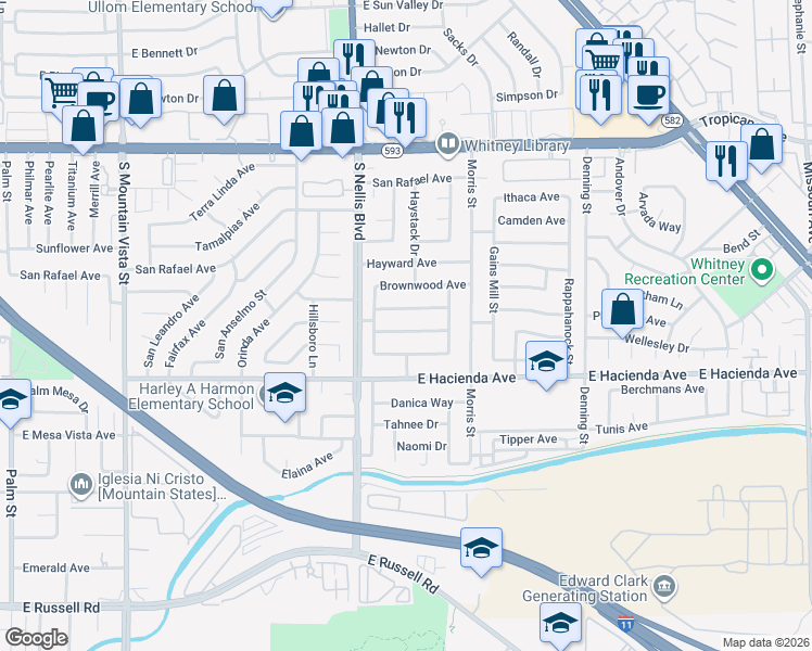 map of restaurants, bars, coffee shops, grocery stores, and more near 5086 Myrtlewood Avenue in Las Vegas