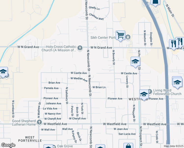 map of restaurants, bars, coffee shops, grocery stores, and more near West Castle Avenue in Porterville