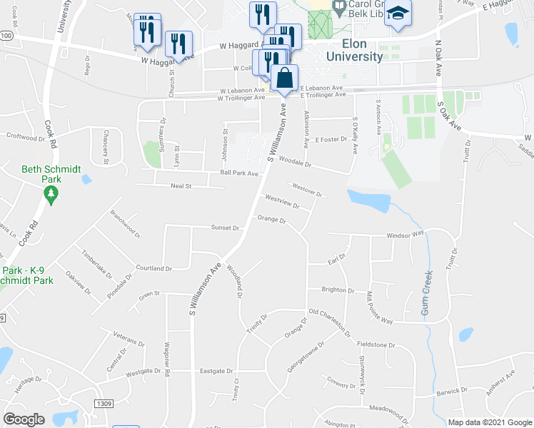 map of restaurants, bars, coffee shops, grocery stores, and more near 109 Orange Drive in Elon