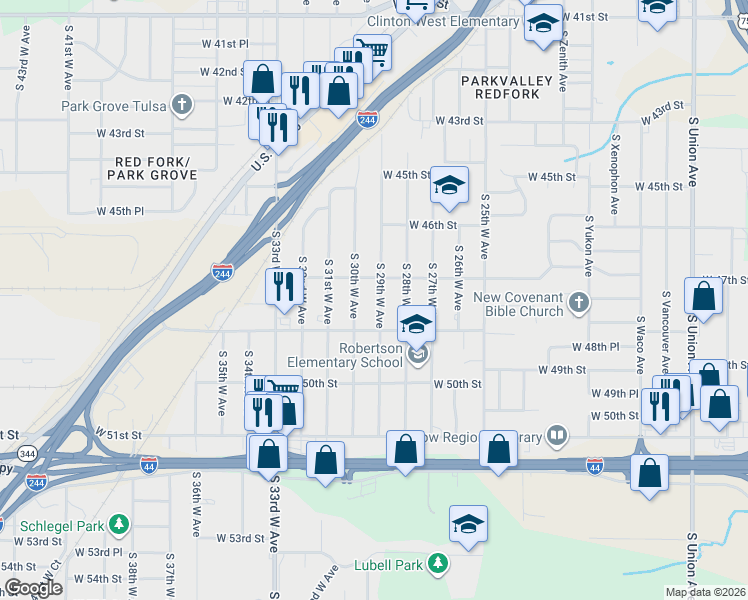 map of restaurants, bars, coffee shops, grocery stores, and more near 4726 South 29th West Avenue in Tulsa