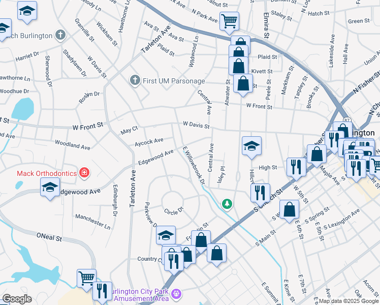 map of restaurants, bars, coffee shops, grocery stores, and more near 1027 Ingle Street in Burlington