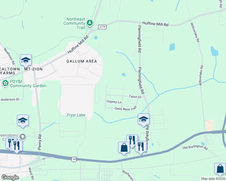 map of restaurants, bars, coffee shops, grocery stores, and more near 2208 Wise Owl Drive in McLeansville