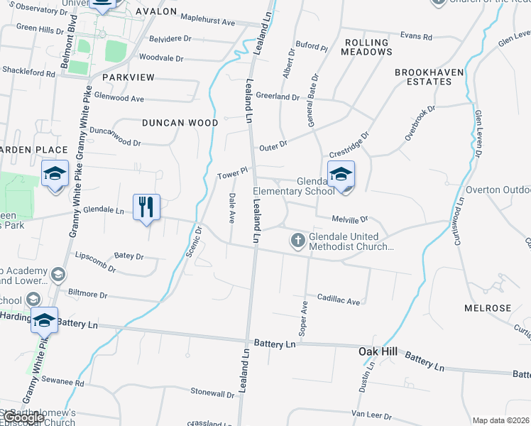map of restaurants, bars, coffee shops, grocery stores, and more near 4310 Lealand Lane in Nashville