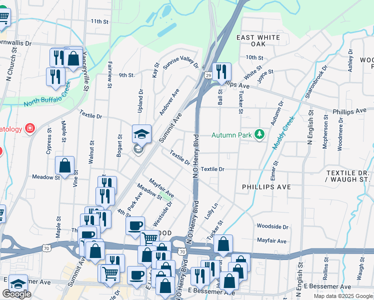map of restaurants, bars, coffee shops, grocery stores, and more near 1506 Homeland Avenue in Greensboro