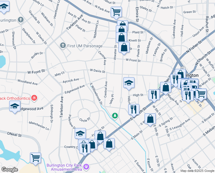 map of restaurants, bars, coffee shops, grocery stores, and more near 545 Central Avenue in Burlington