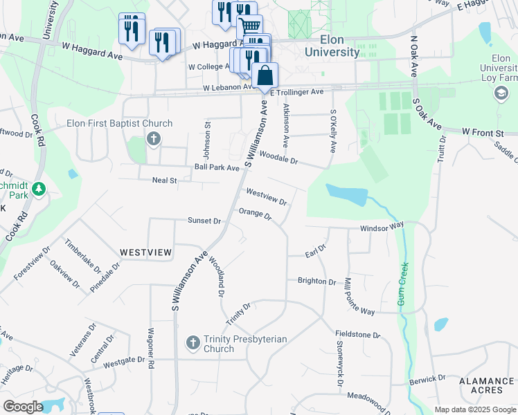 map of restaurants, bars, coffee shops, grocery stores, and more near 117 Orange Drive in Elon