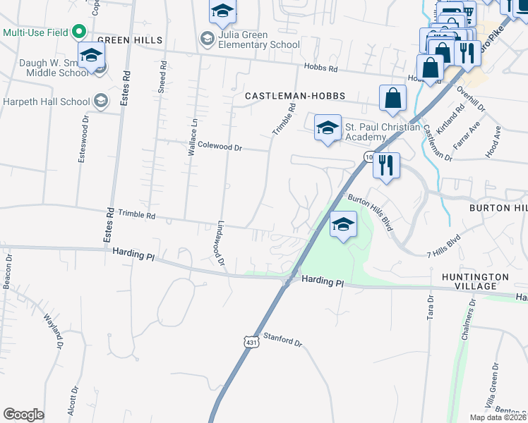 map of restaurants, bars, coffee shops, grocery stores, and more near 3536 Trimble Road in Nashville
