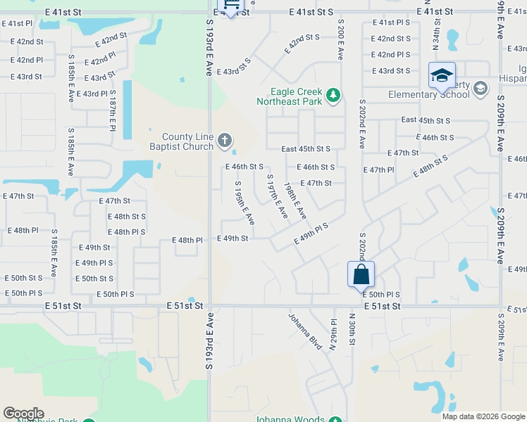 map of restaurants, bars, coffee shops, grocery stores, and more near 19604 East 48th Street South in Broken Arrow