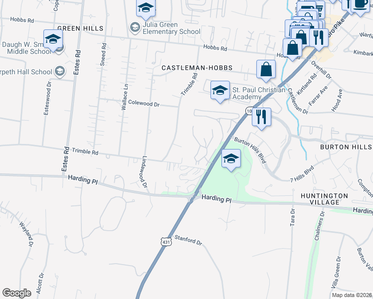 map of restaurants, bars, coffee shops, grocery stores, and more near 3530 Trimble Court in Nashville