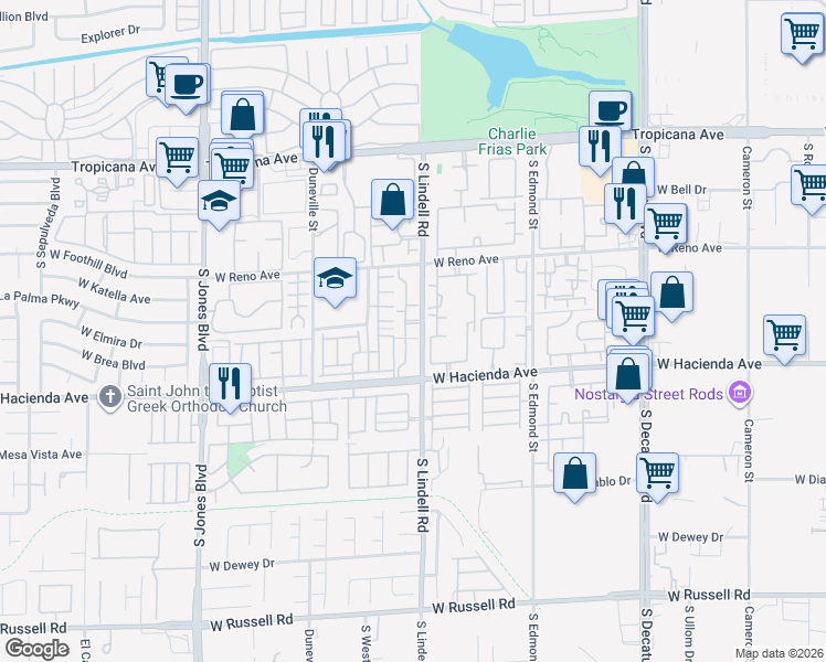 map of restaurants, bars, coffee shops, grocery stores, and more near 5211 South Lindell Road in Las Vegas
