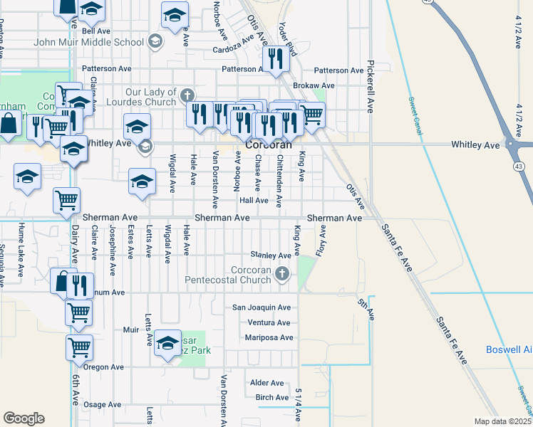 map of restaurants, bars, coffee shops, grocery stores, and more near 1014 Sherman Avenue in Corcoran