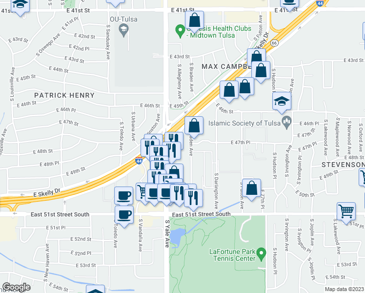 map of restaurants, bars, coffee shops, grocery stores, and more near 5000 East Skelly Drive in Tulsa