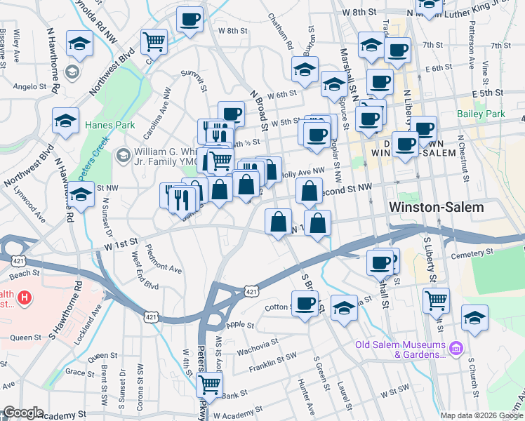 map of restaurants, bars, coffee shops, grocery stores, and more near 101-199 North Green Street in Winston-Salem