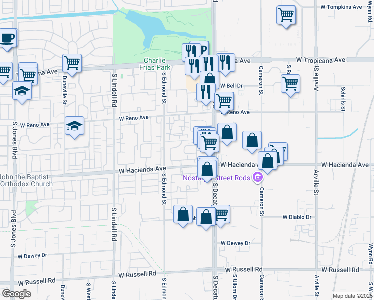 map of restaurants, bars, coffee shops, grocery stores, and more near 5060 West Hacienda Avenue in Las Vegas