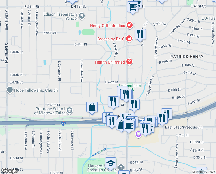 map of restaurants, bars, coffee shops, grocery stores, and more near 3131 East 48th Street in Tulsa