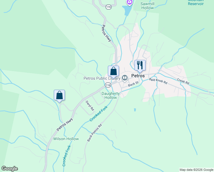 map of restaurants, bars, coffee shops, grocery stores, and more near 9417 Tennessee 116 in Petros