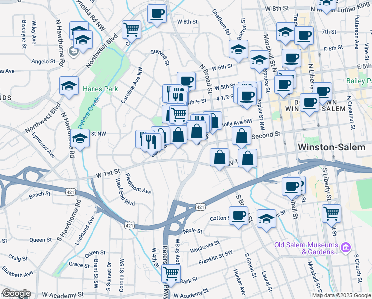 map of restaurants, bars, coffee shops, grocery stores, and more near 121 Fayette Street Northwest in Winston-Salem