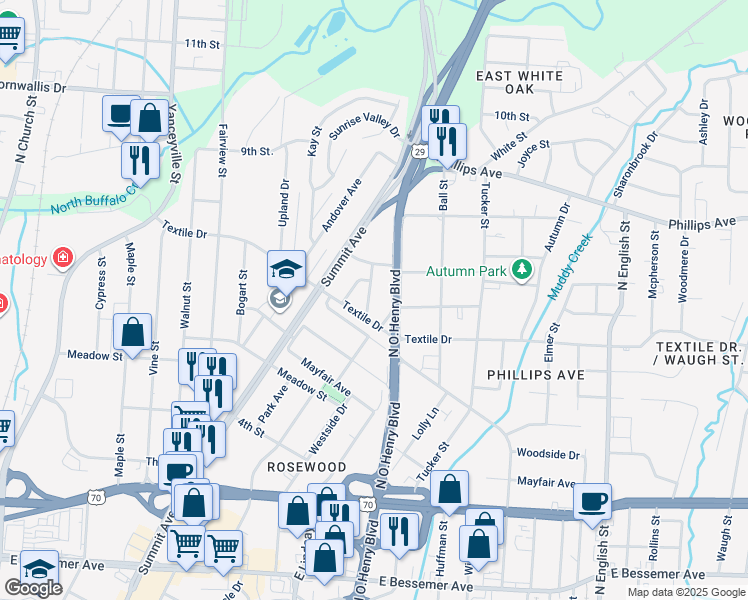 map of restaurants, bars, coffee shops, grocery stores, and more near 1506 Homeland Avenue in Greensboro