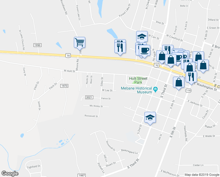 map of restaurants, bars, coffee shops, grocery stores, and more near 602 West Lee Street in Mebane