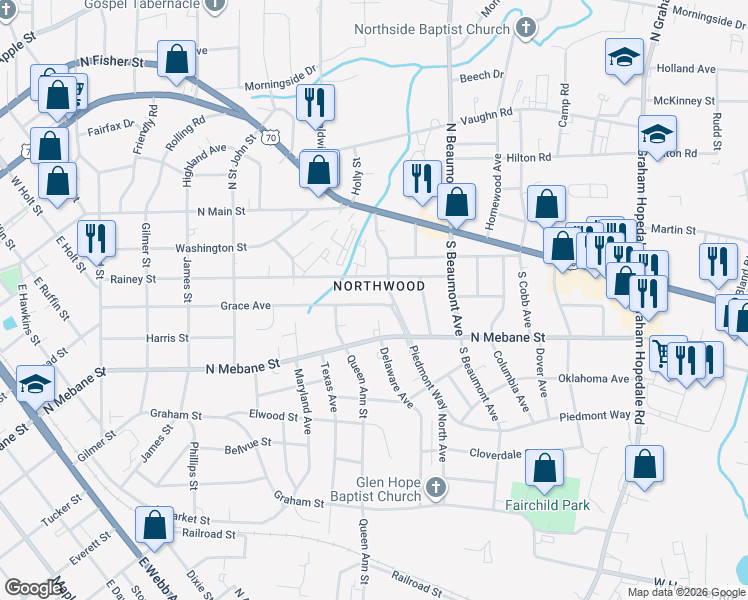 map of restaurants, bars, coffee shops, grocery stores, and more near 1224 Grace Avenue in Burlington