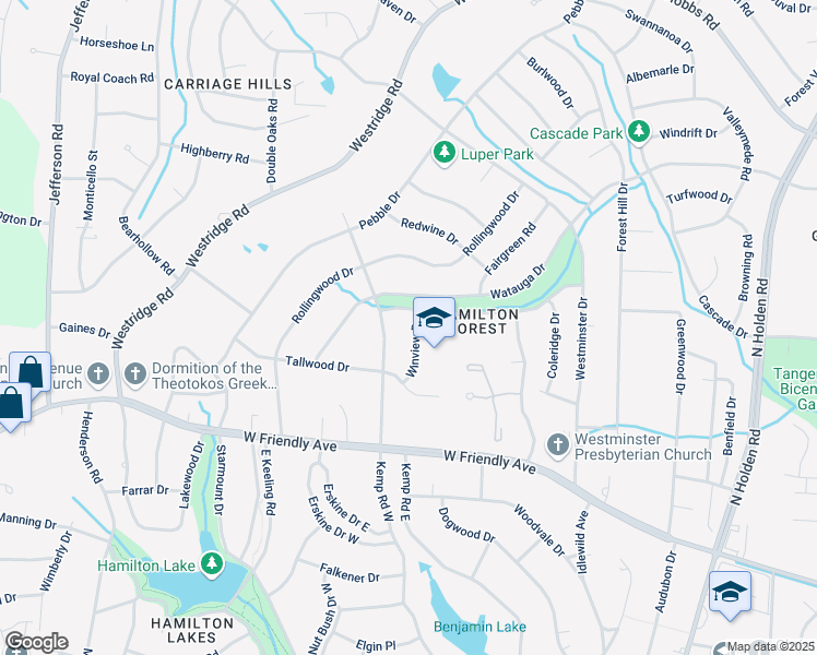 map of restaurants, bars, coffee shops, grocery stores, and more near 815 Winview Drive in Greensboro