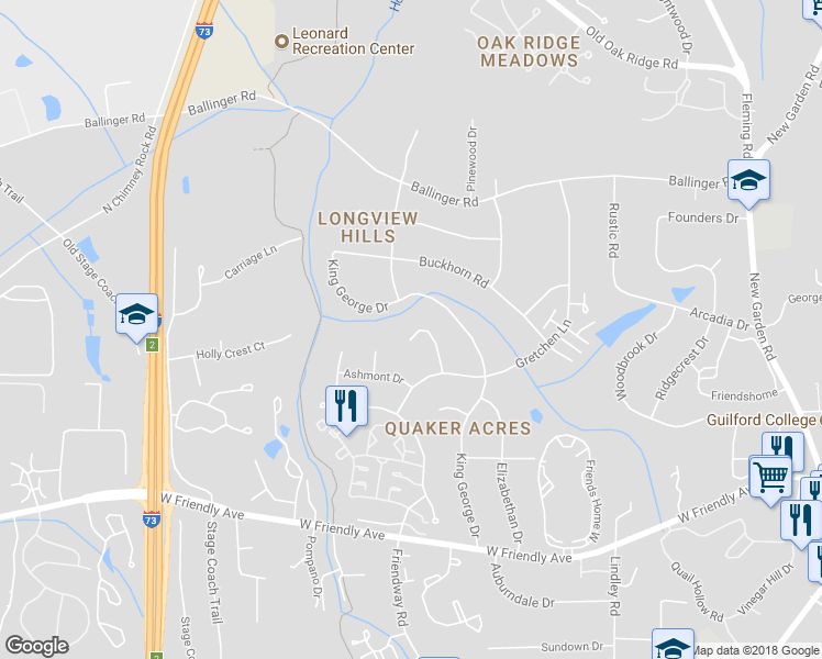 map of restaurants, bars, coffee shops, grocery stores, and more near 518 Gretchen Court in Greensboro