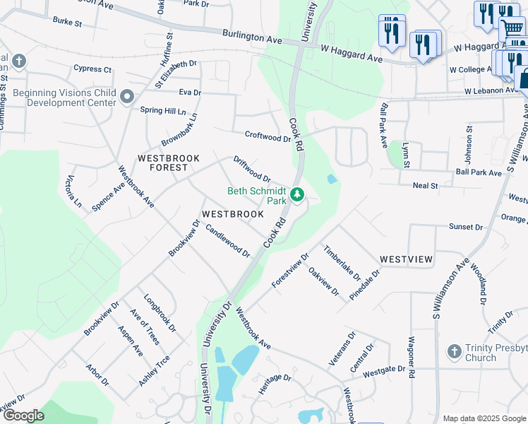 map of restaurants, bars, coffee shops, grocery stores, and more near 406 Hazelwood Dr in Gibsonville