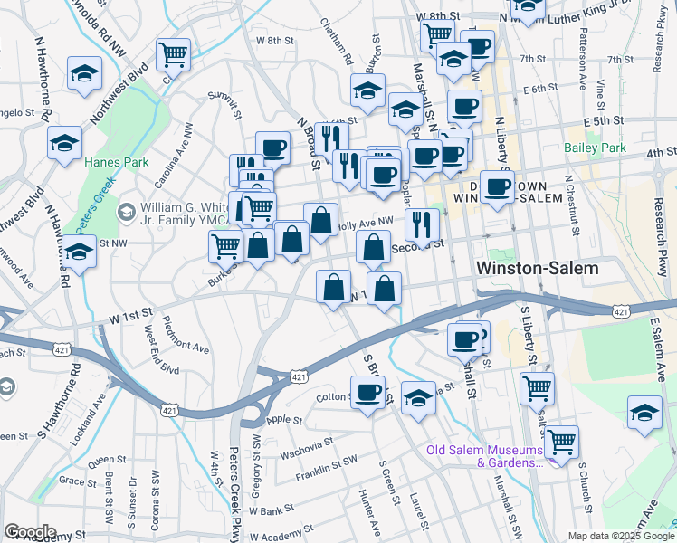 map of restaurants, bars, coffee shops, grocery stores, and more near 127 North Broad Street in Winston-Salem