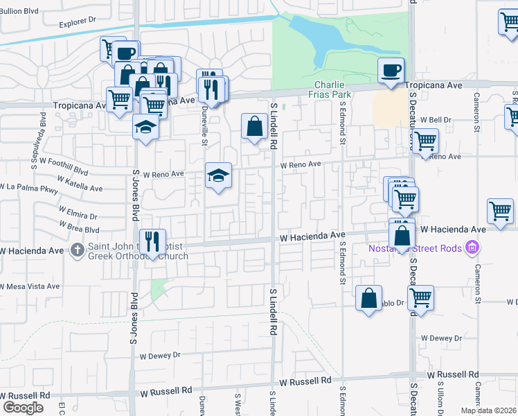 map of restaurants, bars, coffee shops, grocery stores, and more near 5604 Davies Drive in Las Vegas