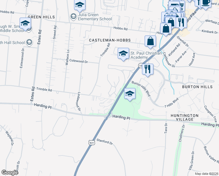 map of restaurants, bars, coffee shops, grocery stores, and more near 3530 Trimble Court in Nashville