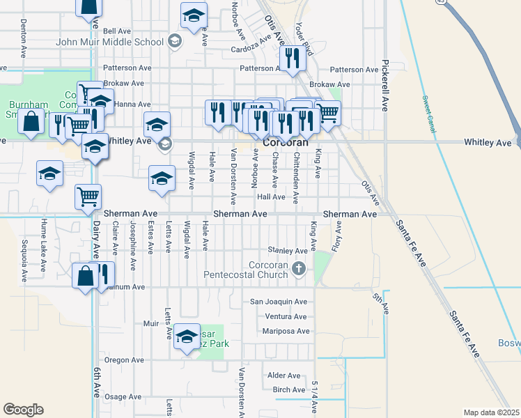 map of restaurants, bars, coffee shops, grocery stores, and more near 1116 Sherman Avenue in Corcoran