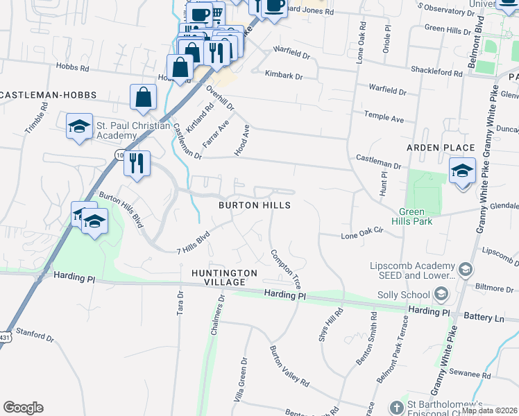 map of restaurants, bars, coffee shops, grocery stores, and more near 536 Belair Way in Nashville