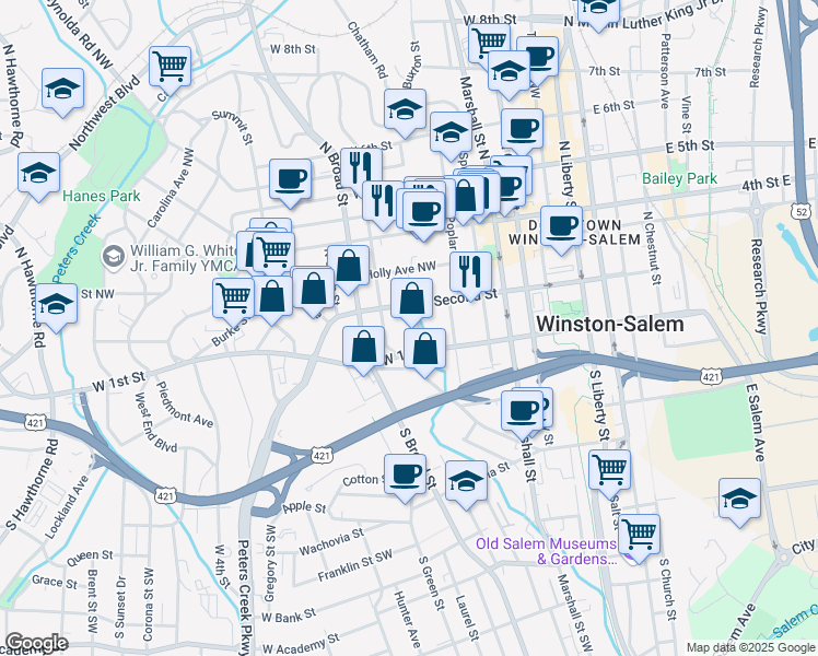 map of restaurants, bars, coffee shops, grocery stores, and more near 124 Shady Boulevard Northwest in Winston-Salem