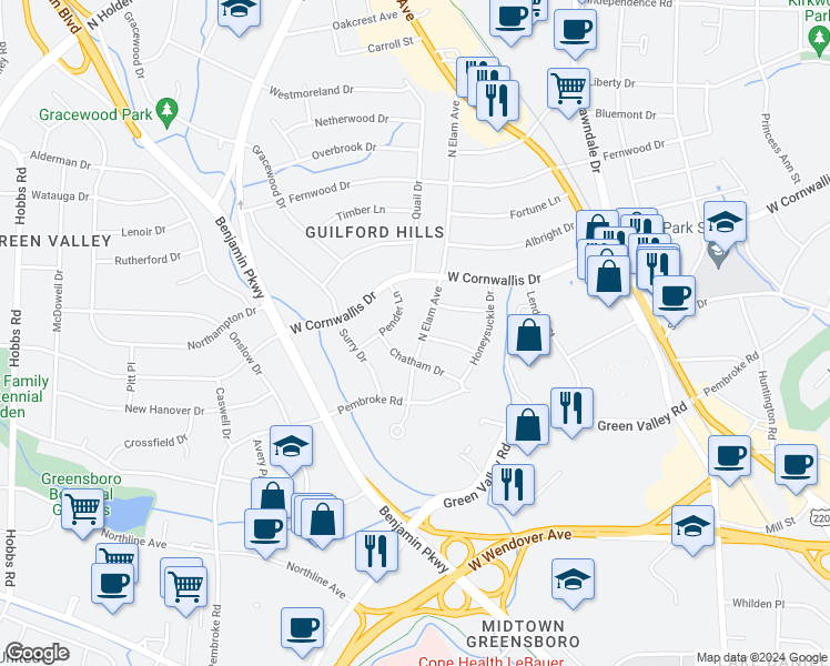 map of restaurants, bars, coffee shops, grocery stores, and more near 807 North Elam Avenue in Greensboro