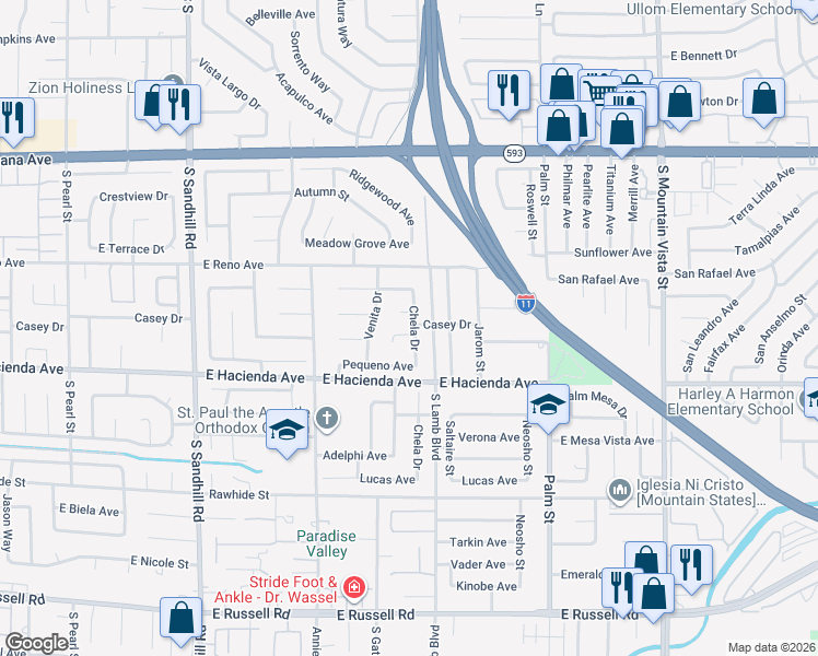 map of restaurants, bars, coffee shops, grocery stores, and more near 4160 Chela Court in Las Vegas