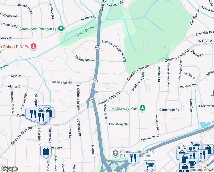 map of restaurants, bars, coffee shops, grocery stores, and more near 217 Westhaven Circle in Winston-Salem