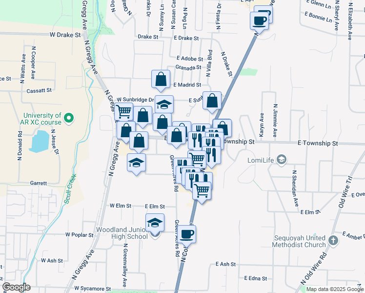 map of restaurants, bars, coffee shops, grocery stores, and more near 245 East Township Street in Fayetteville