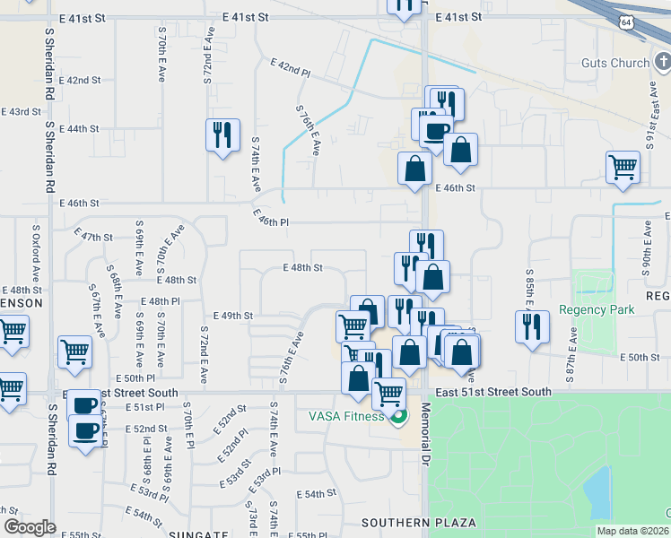 map of restaurants, bars, coffee shops, grocery stores, and more near 7840 East 48th Street in Tulsa