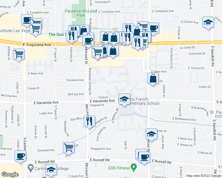 map of restaurants, bars, coffee shops, grocery stores, and more near 3152 Tarpon in Las Vegas