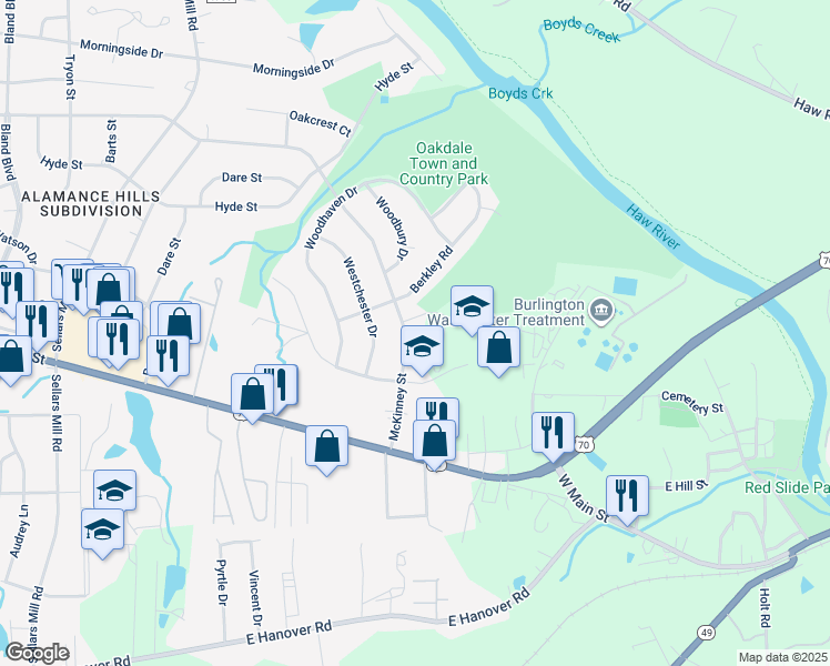 map of restaurants, bars, coffee shops, grocery stores, and more near 2820 McKinney Street in Burlington