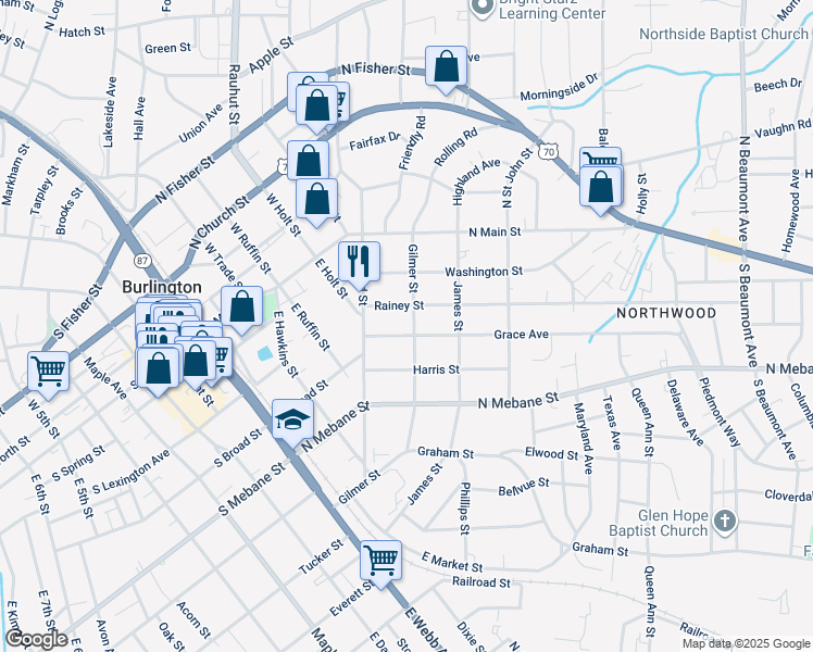 map of restaurants, bars, coffee shops, grocery stores, and more near 616 Grace Avenue in Burlington
