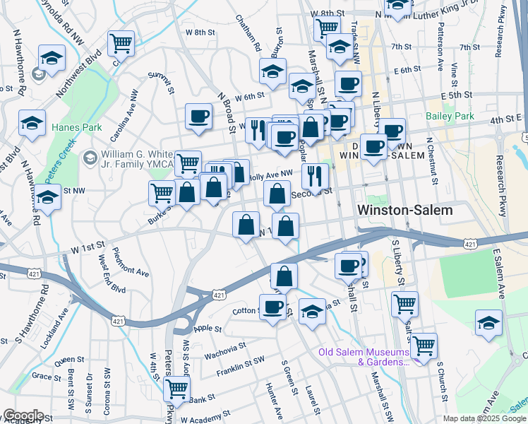 map of restaurants, bars, coffee shops, grocery stores, and more near 124 Shady Boulevard Northwest in Winston-Salem