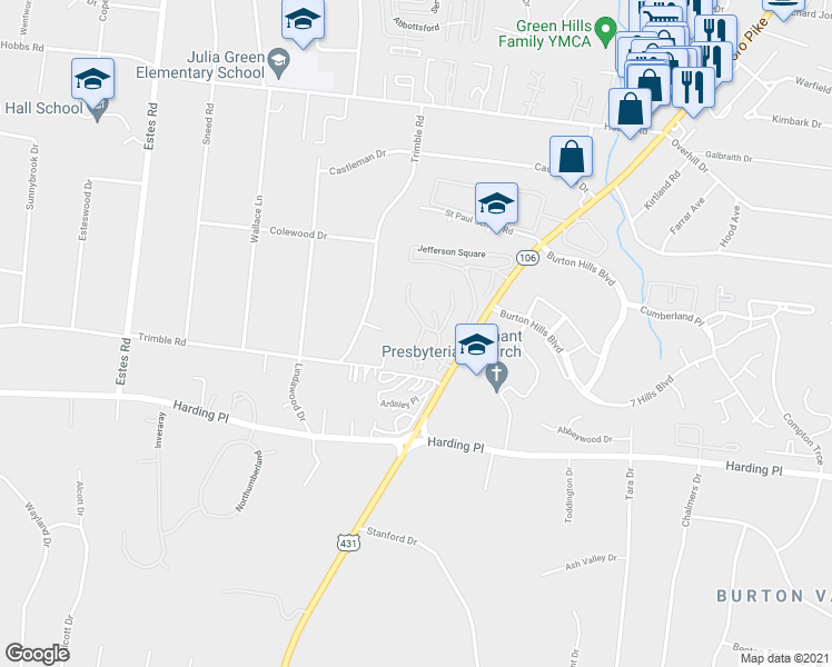 map of restaurants, bars, coffee shops, grocery stores, and more near 3530 Trimble Court in Nashville