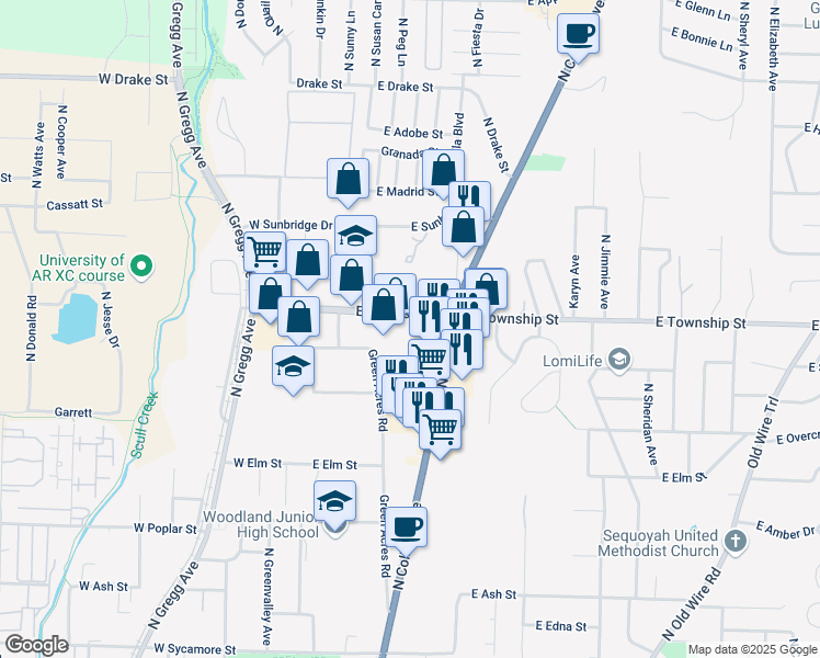 map of restaurants, bars, coffee shops, grocery stores, and more near 245 East Township Street in Fayetteville