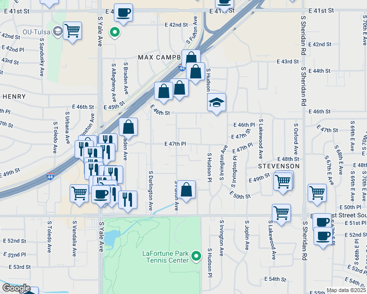 map of restaurants, bars, coffee shops, grocery stores, and more near 4722 South Fulton Court in Tulsa
