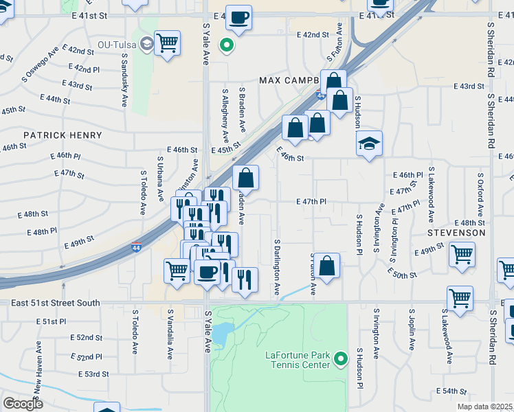 map of restaurants, bars, coffee shops, grocery stores, and more near 5216 East 47th Place in Tulsa